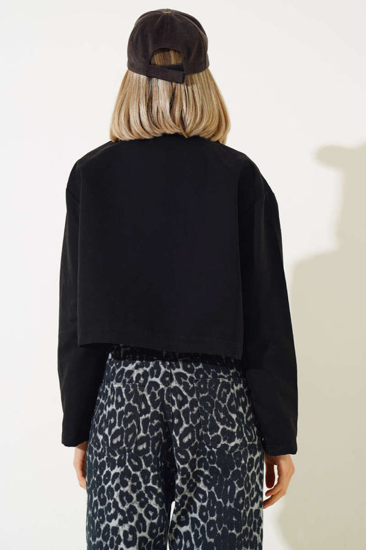 Cep Kapaklı Fermuarlı Kısa Ceket Siyah