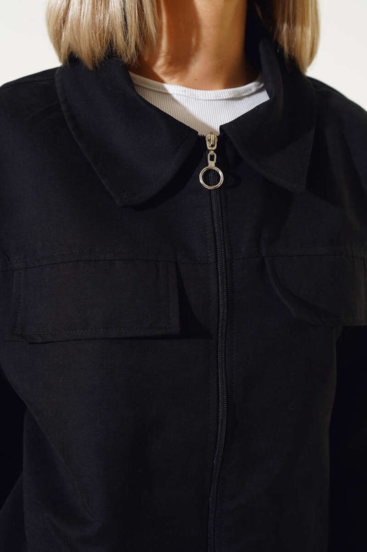 Cep Kapaklı Fermuarlı Kısa Ceket Siyah