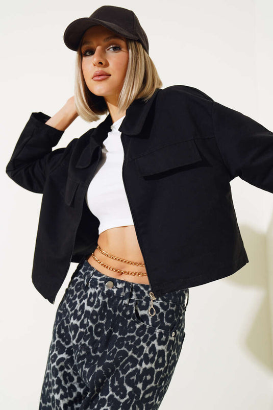 Cep Kapaklı Fermuarlı Kısa Ceket Siyah