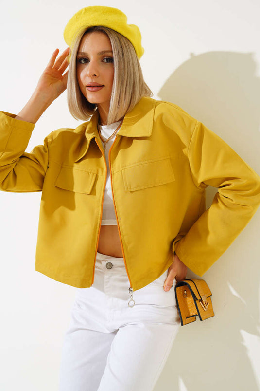 Cep Kapaklı Fermuarlı Kısa Ceket Yağ Yeşili