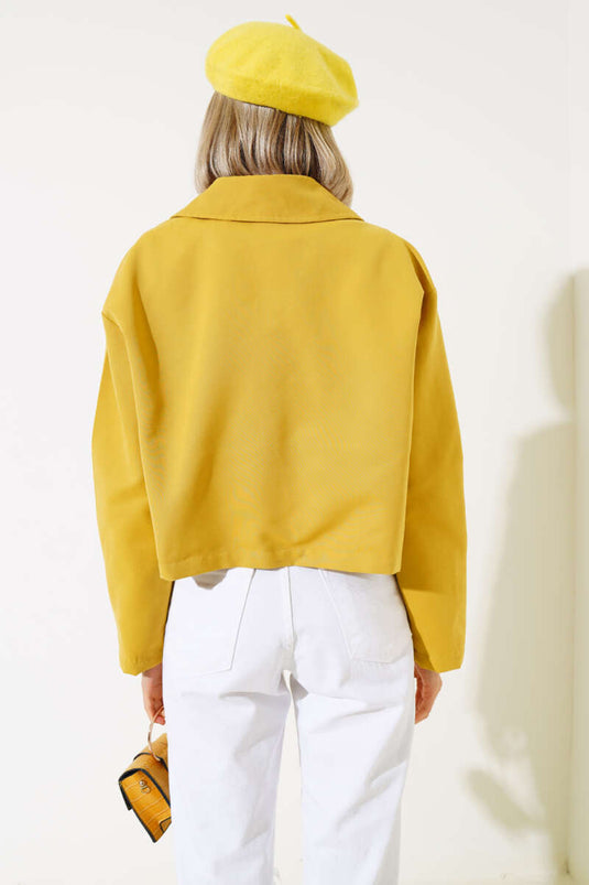 Cep Kapaklı Fermuarlı Kısa Ceket Yağ Yeşili