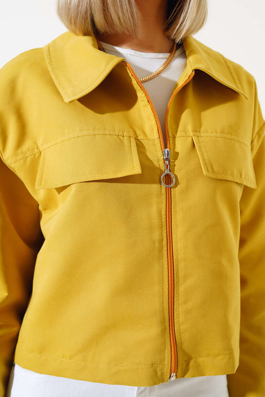 Cep Kapaklı Fermuarlı Kısa Ceket Yağ Yeşili