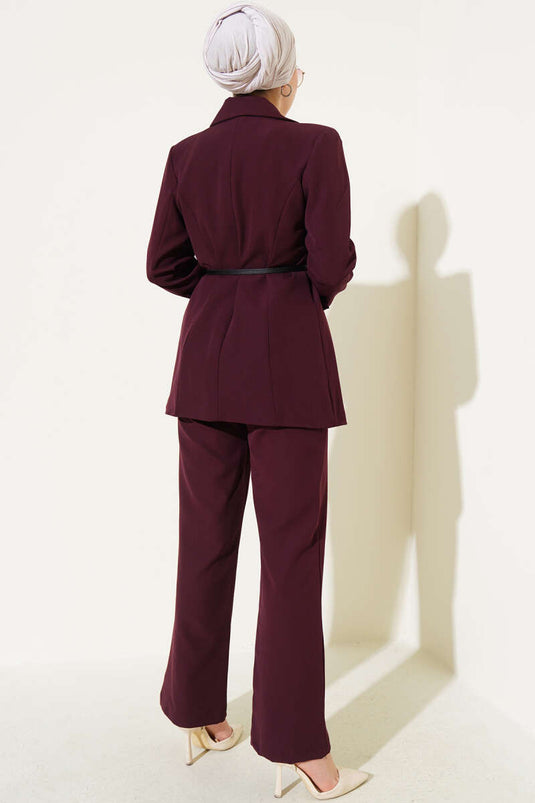 Jacket with Pocket Flap and Belted Double Set Burgundy