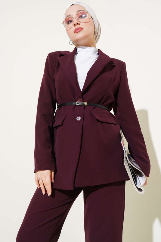 Jacket with Pocket Flap and Belted Double Set Burgundy