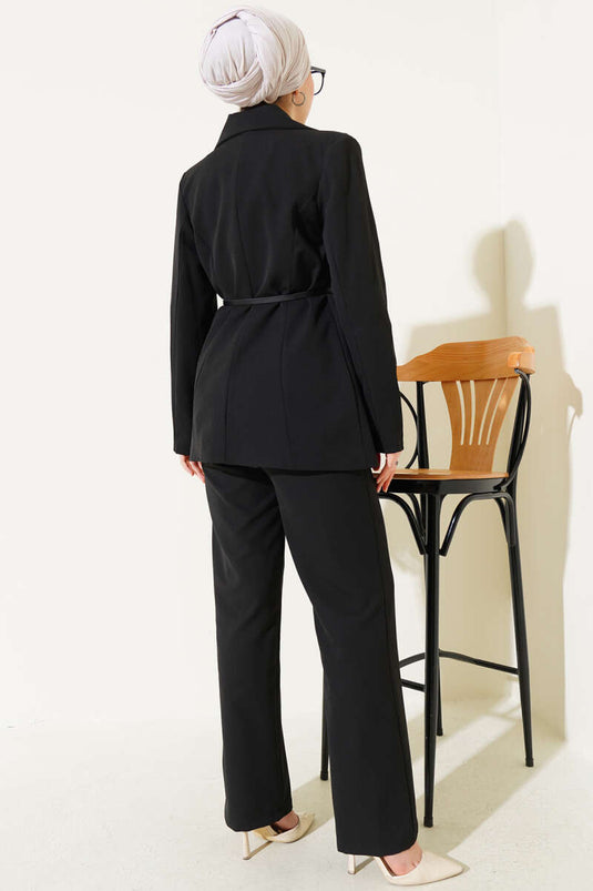 Jacket with Pocket Flap and Belted Double Set Black