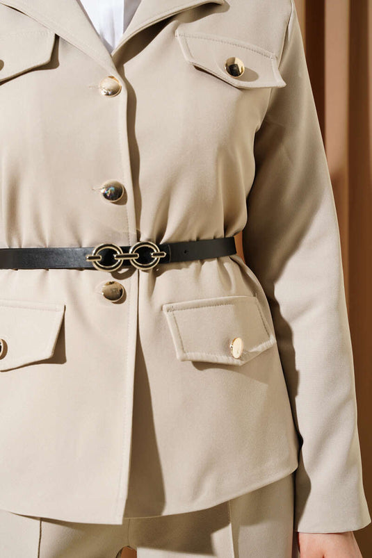 Beige Two-Piece Set with Zippered Jacket and Belt