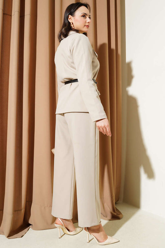 Beige Two-Piece Set with Zippered Jacket and Belt