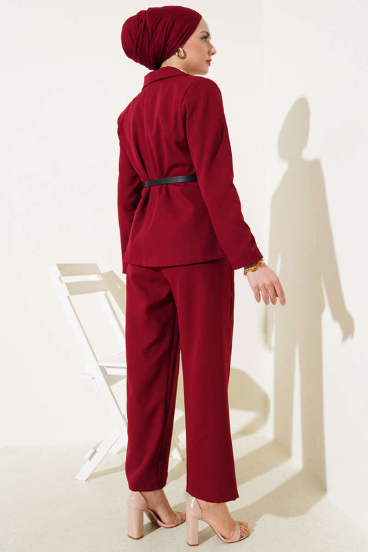 Burgundy Two-Piece Set with Zippered Jacket and Belt