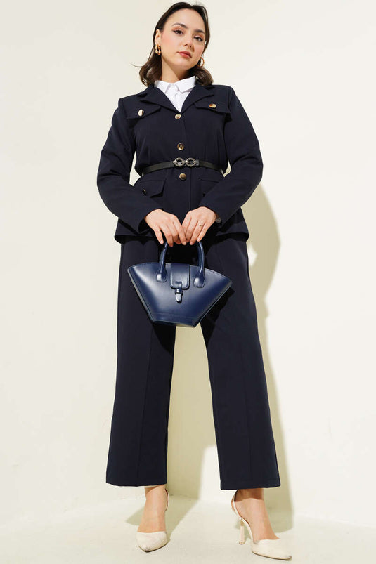 Navy Blue Jacketed Two-Piece Set with Zipper and Belt