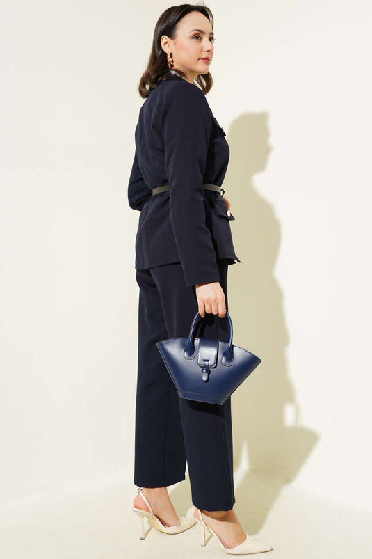 Navy Blue Jacketed Two-Piece Set with Zipper and Belt