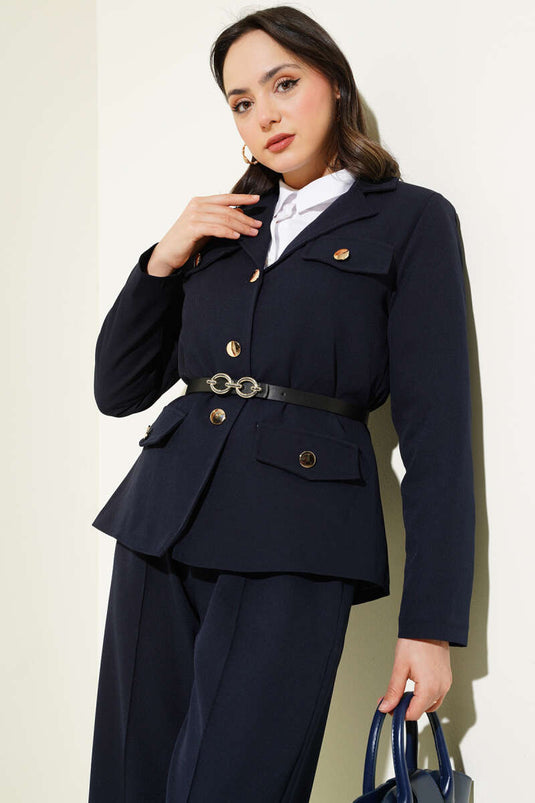 Navy Blue Jacketed Two-Piece Set with Zipper and Belt