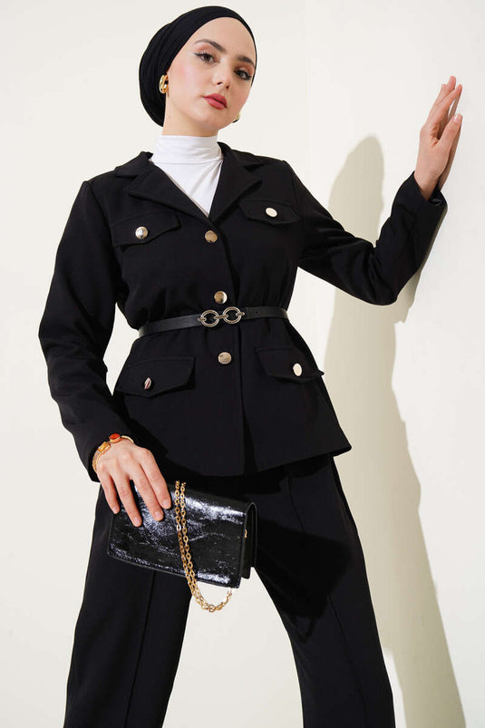 Zip Front Belted Jacket Set Black