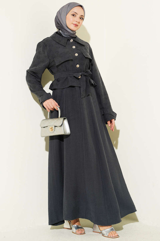 Ensemble robe en tencel anthracite avec ceinture et fermeture éclair sur le côté