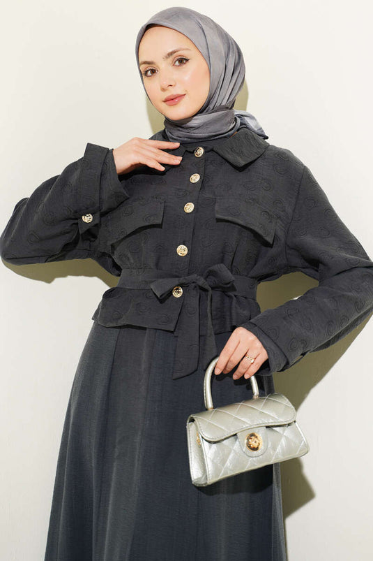 Ensemble robe en tencel anthracite avec ceinture et fermeture éclair sur le côté
