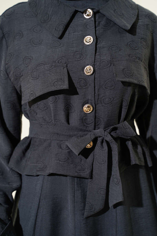 Ensemble robe en tencel anthracite avec ceinture et fermeture éclair sur le côté