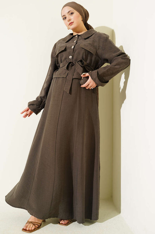 Tencel Pinafore Dress Set with Pocket and Belt, Mink