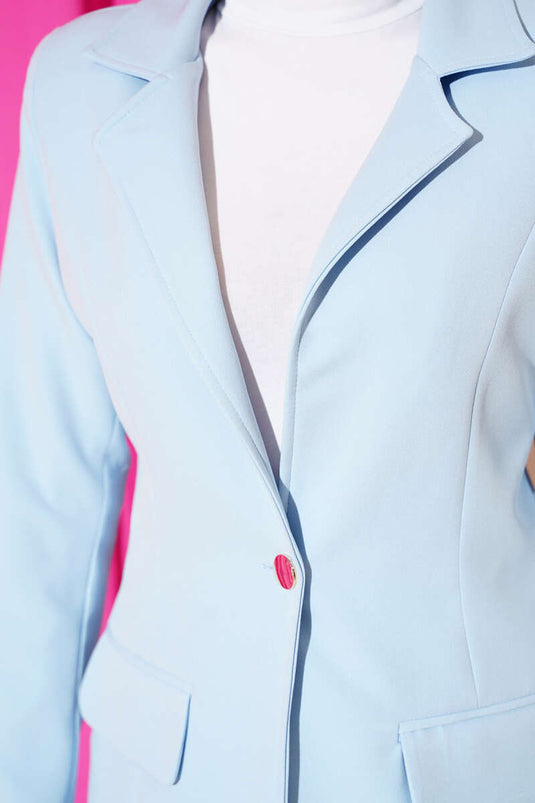 سترة بليزر بزر واحد مع جيوب، لون أزرق فاتح