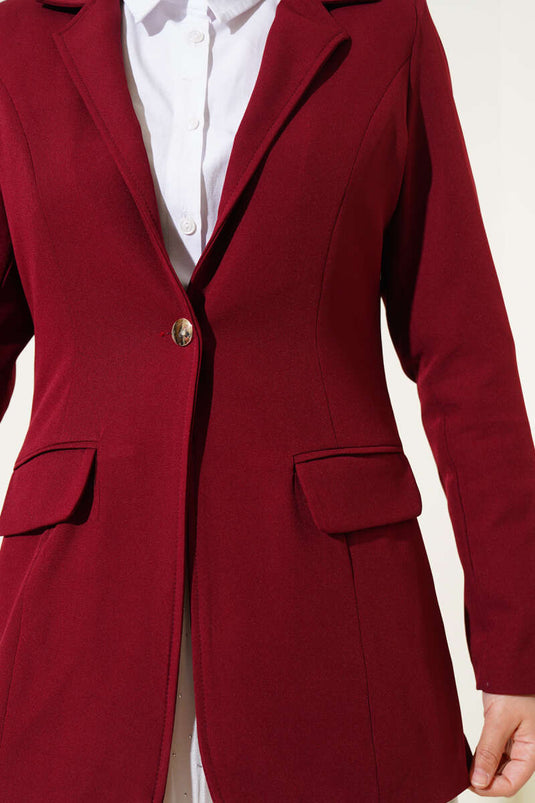 سترة بليزر بزر واحد مع جيوب برغندي