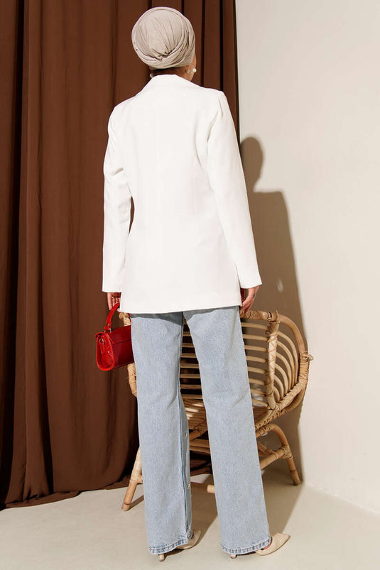 Single-Button Blazer Jacket with Pocket Flaps, Ecru