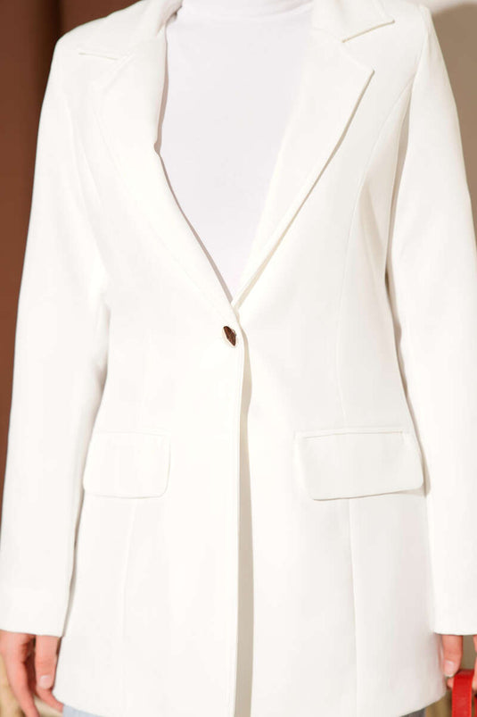 Single-Button Blazer Jacket with Pocket Flaps, Ecru