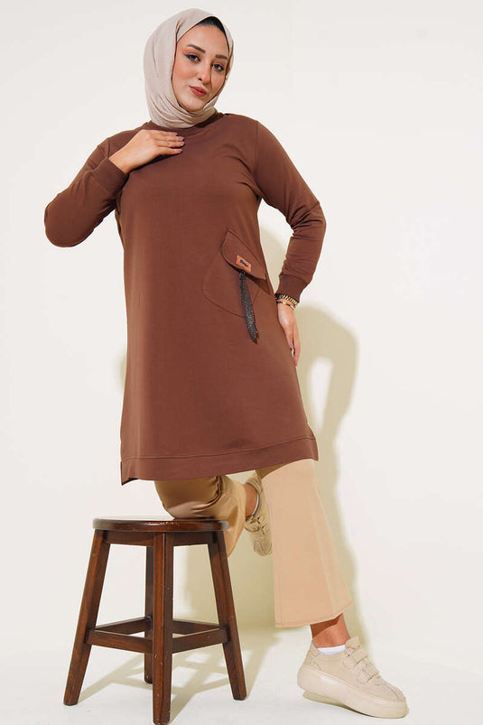 Zakversierde lange plussize tuniek bruin