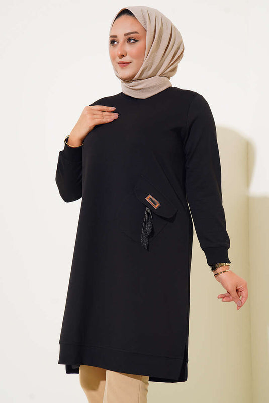 Zakversierde lange plussize tuniek zwart