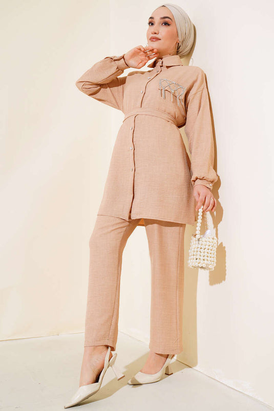 Cep Taş Detaylı Keten İkili Takım Latte