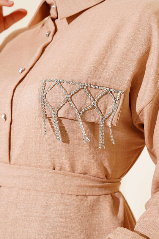 Cep Taş Detaylı Keten İkili Takım Latte