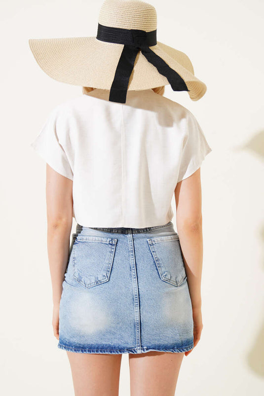 Crop Linen Shirt with Pocket Stones Beige