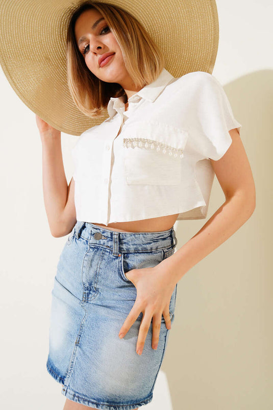 Crop Linen Shirt with Pocket Stones Beige