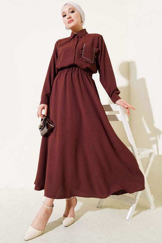 Abito due pezzi con gonna a balze in pietra tascabile marrone