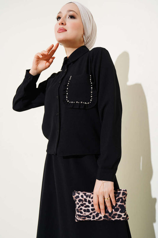 Black Ruffled Skirt with Stone Detail Two-Piece Set