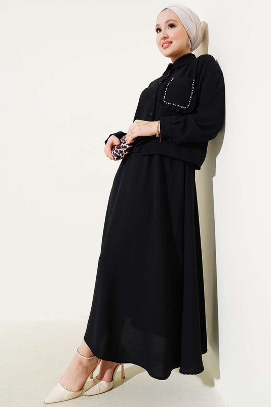 Black Ruffled Skirt with Stone Detail Two-Piece Set