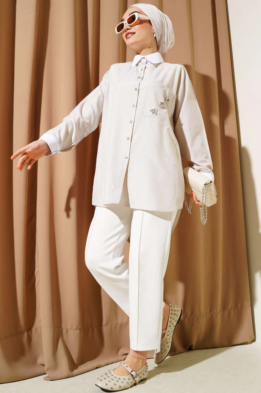 Chemise à rayures fines Pocket Stone beige