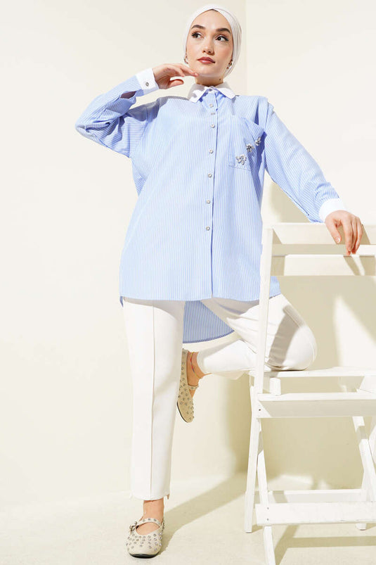 Cep Taşlı İnce Çizgili Gömlek Buz Mavisi