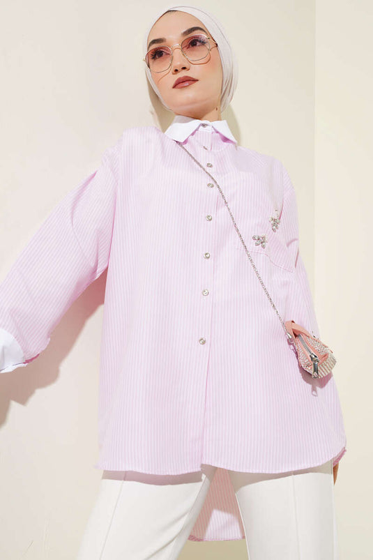 Cep Taşlı İnce Çizgili Gömlek Pembe