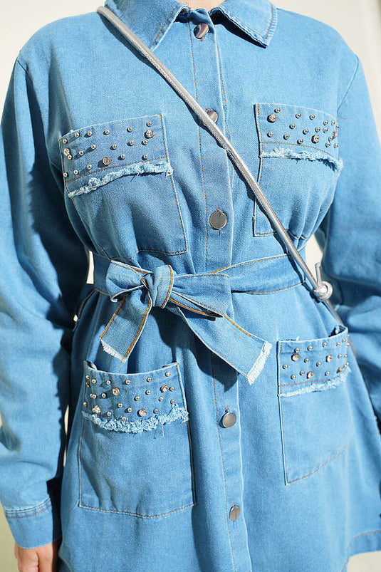 Ensemble Deux Pièces En Jean Bleu Clair Avec Ceinture À Strass