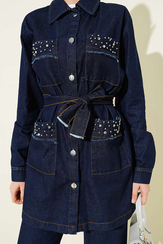 Ensemble Deux Pièces en Jean Foncé avec Ceinture et Pierre de Zirconium