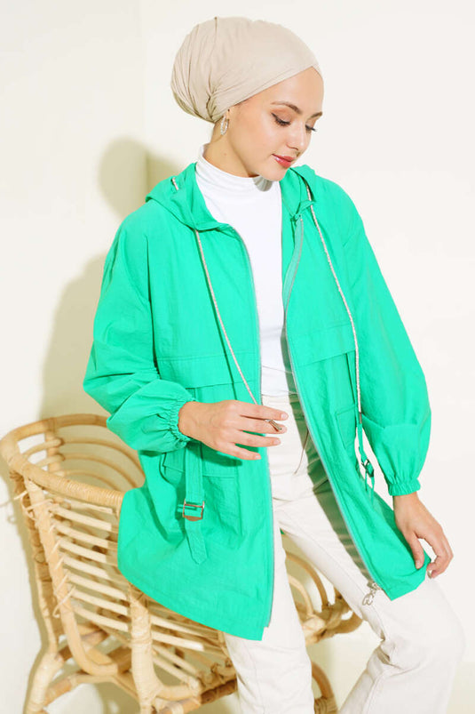 Zippered Coat with Pocket Buckle Neon Green