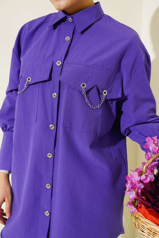 Camicia Viola Con Catena Su Tasche E Polsini