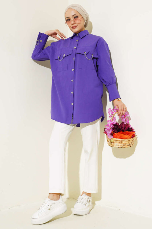 Camicia Viola Con Catena Su Tasche E Polsini