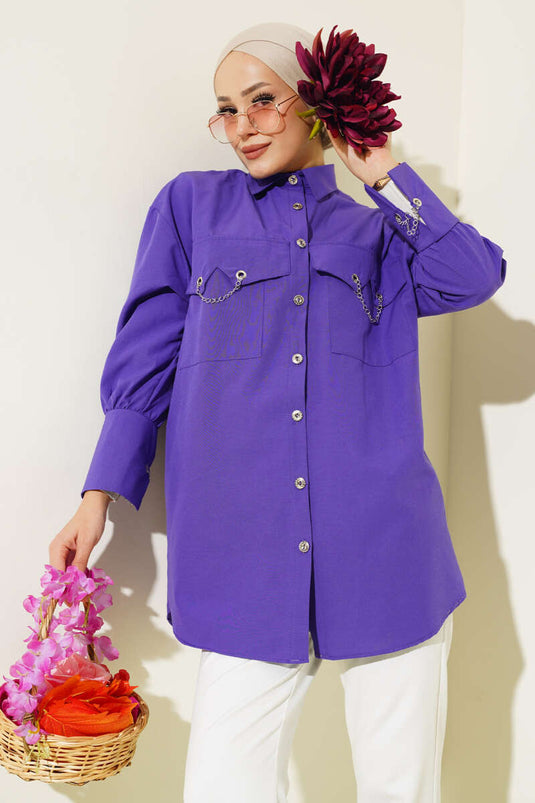 Camicia Viola Con Catena Su Tasche E Polsini