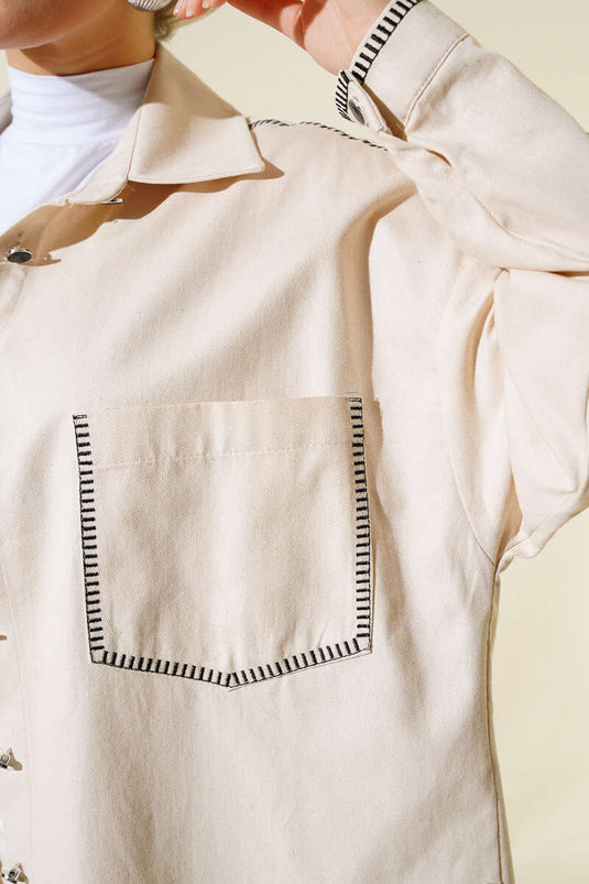 Chemise Surpiquée Poches Et Épaules Beige