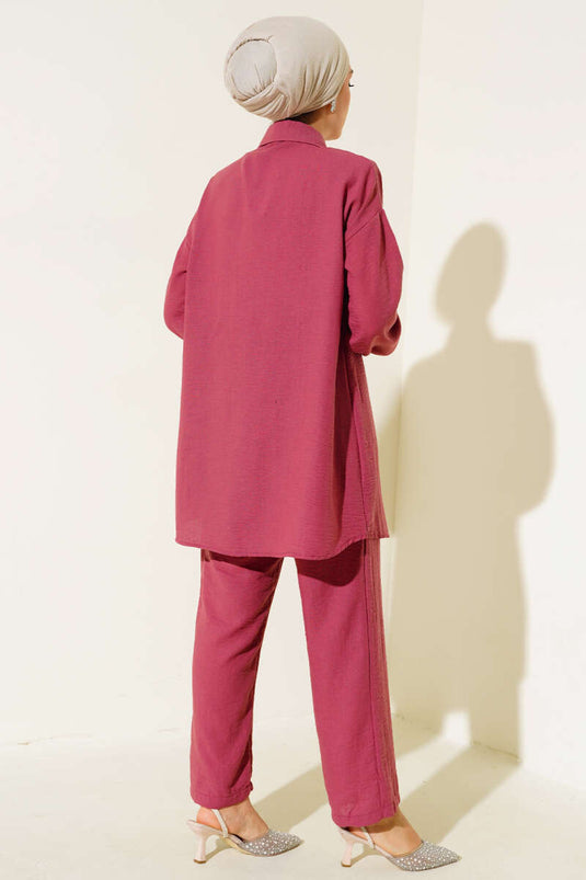 Cep ve Yaka Taşlı Keten İkili Takım Burgonya