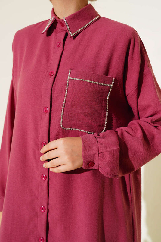 Cep ve Yaka Taşlı Keten İkili Takım Burgonya