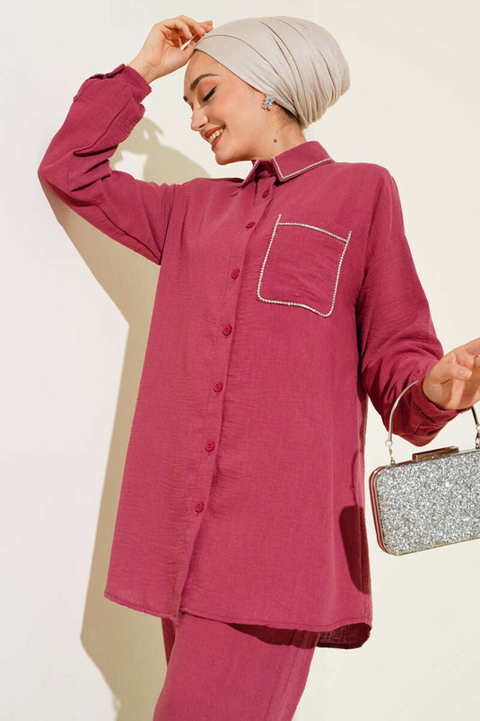 Cep ve Yaka Taşlı Keten İkili Takım Burgonya