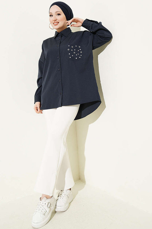 Pocket-Studded Basic Shirt Navy Blue