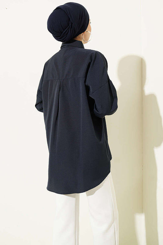Pocket-Studded Basic Shirt Navy Blue