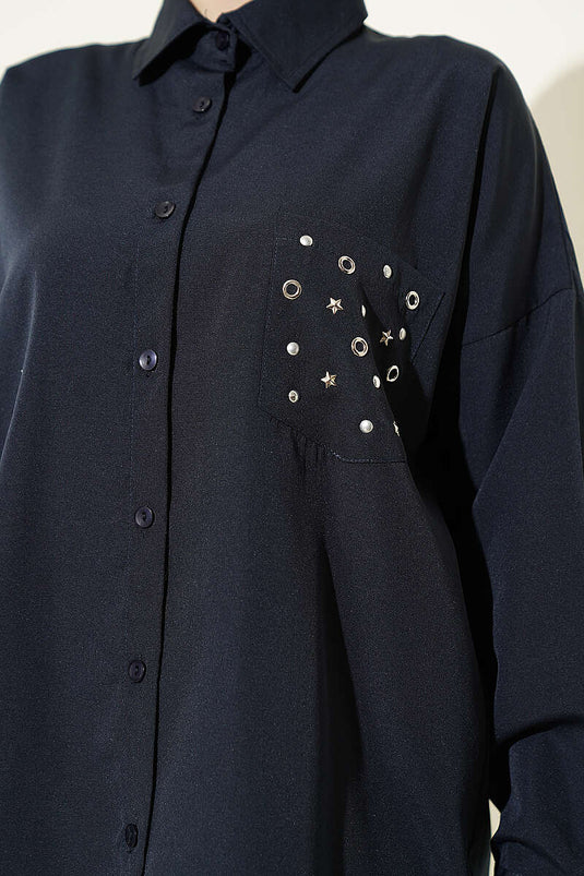 Pocket-Studded Basic Shirt Navy Blue