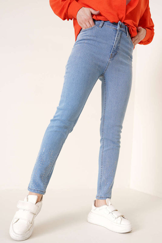 Pantalon en jean skinny avec poches pierreuses, denim clair